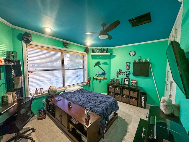 bedroom with ceiling fan, crown molding, and light tile patterned floors