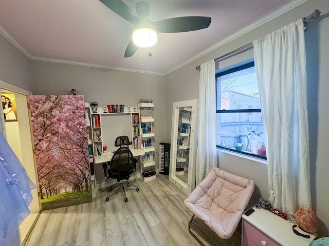 office area with crown molding, light hardwood / wood-style flooring, and ceiling fan