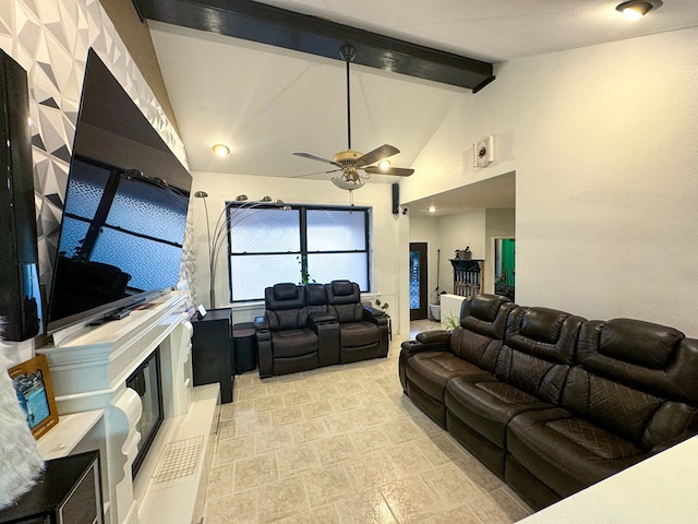 living room featuring beamed ceiling, ceiling fan, and high vaulted ceiling