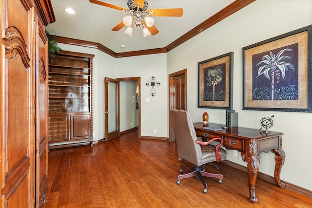 office area featuring ceiling fan, ornamental molding, and dark hardwood / wood-style floors