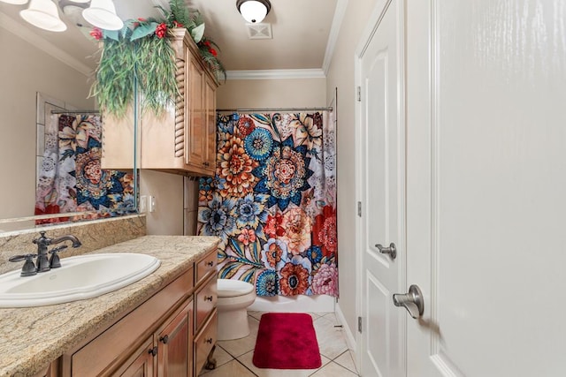 bathroom featuring toilet, tile patterned floors, crown molding, a shower with curtain, and vanity