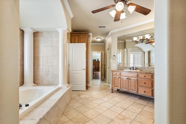 bathroom with ceiling fan, vanity, tile patterned floors, tiled tub, and ornamental molding