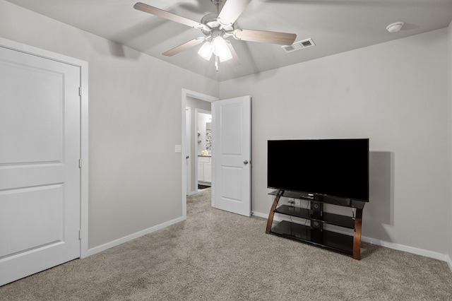 carpeted bedroom with baseboards, visible vents, and ceiling fan