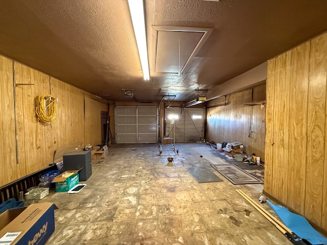 garage with wood walls