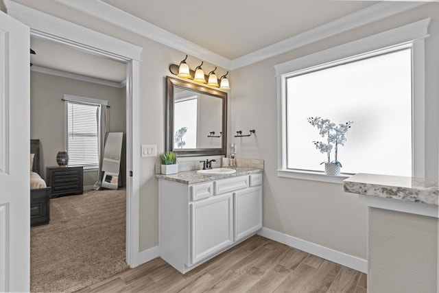 bathroom with baseboards, wood finished floors, crown molding, and vanity