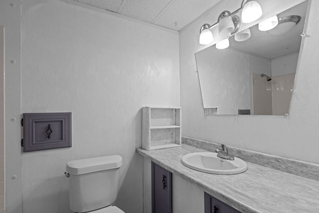 bathroom with walk in shower, vanity, and toilet