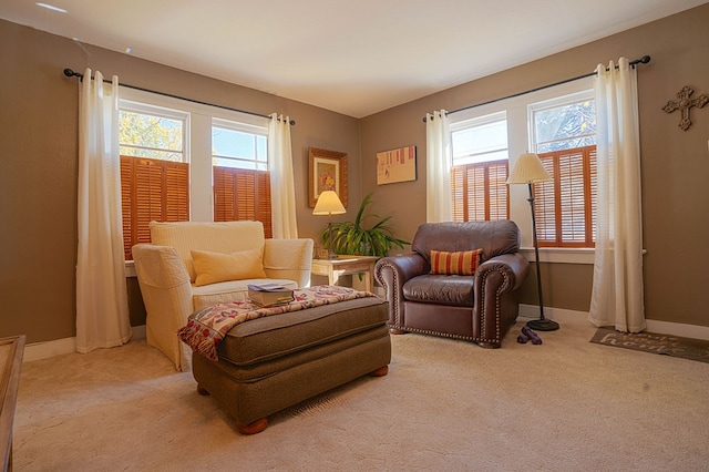 living area featuring light carpet