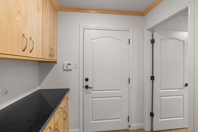 kitchen featuring light brown cabinetry and crown molding