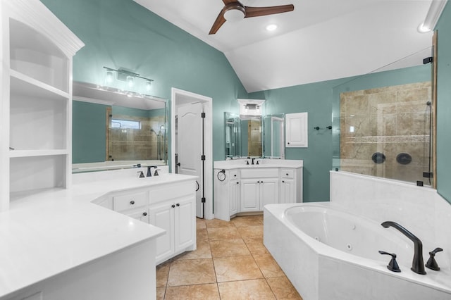 bathroom featuring tile patterned floors, vanity, ceiling fan, independent shower and bath, and lofted ceiling