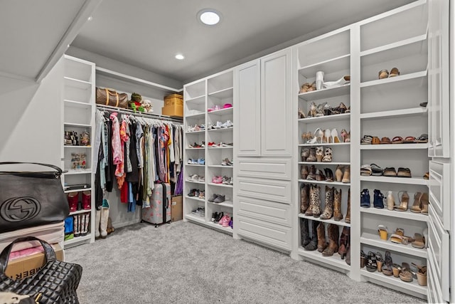 walk in closet with light carpet