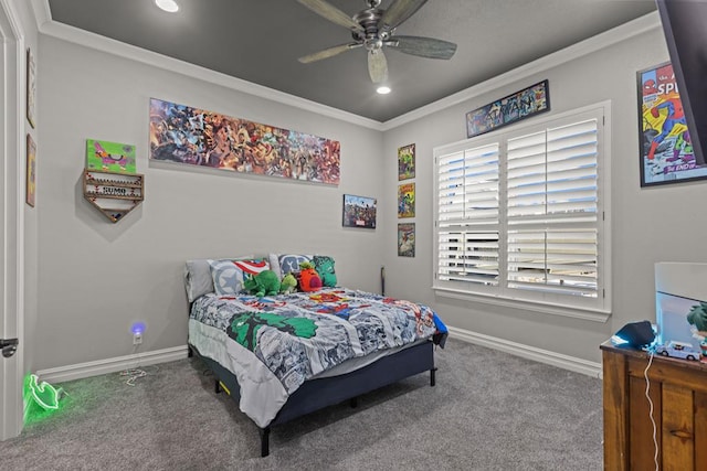 carpeted bedroom with crown molding and ceiling fan