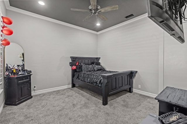 bedroom with crown molding, light carpet, ceiling fan, and a wall unit AC