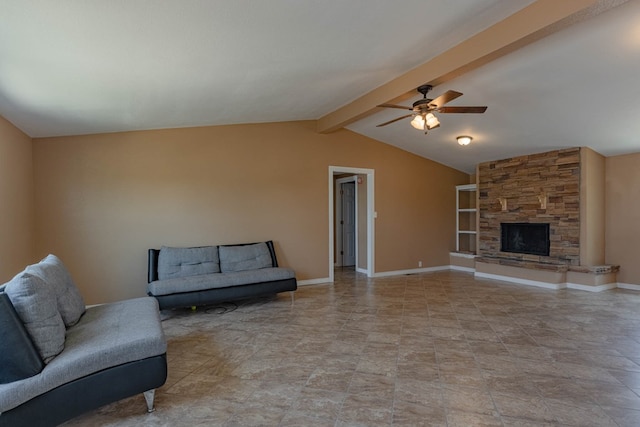 living room with a stone fireplace, ceiling fan, built in features, and lofted ceiling with beams