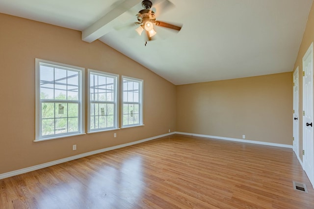 unfurnished room featuring lofted ceiling with beams, light hardwood / wood-style flooring, and ceiling fan