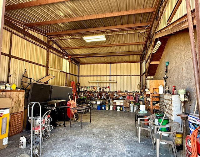 garage with a workshop area