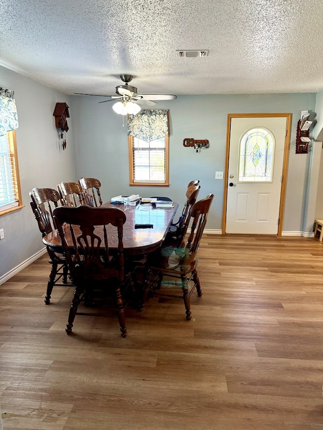 dining area with a wealth of natural light, light hardwood / wood-style flooring, and a textured ceiling