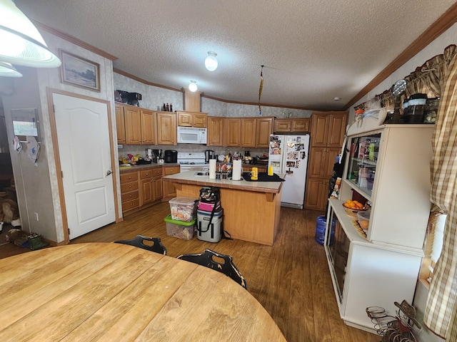 kitchen with lofted ceiling, white appliances, dark wood-type flooring, a textured ceiling, and a kitchen island