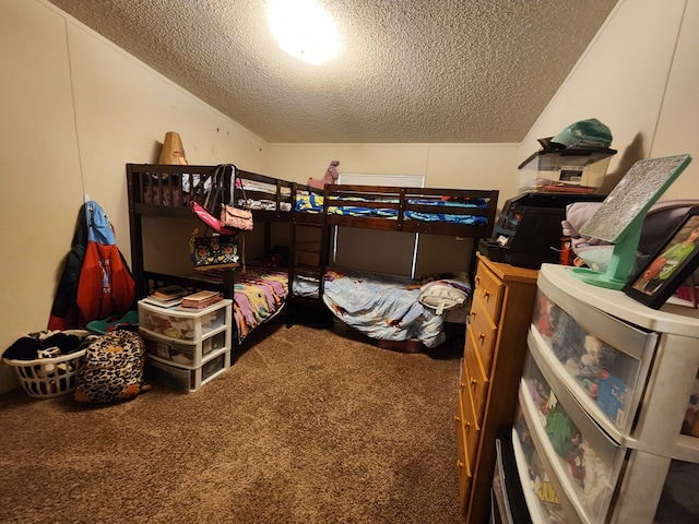 carpeted bedroom featuring vaulted ceiling and a textured ceiling