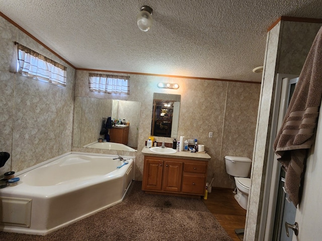 bathroom featuring crown molding, vanity, wood-type flooring, and a textured ceiling