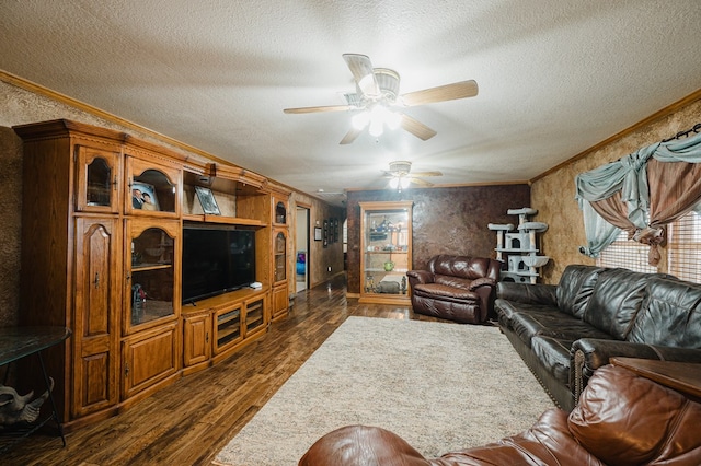 living room with ceiling fan, ornamental molding, dark wood finished floors, and a textured ceiling