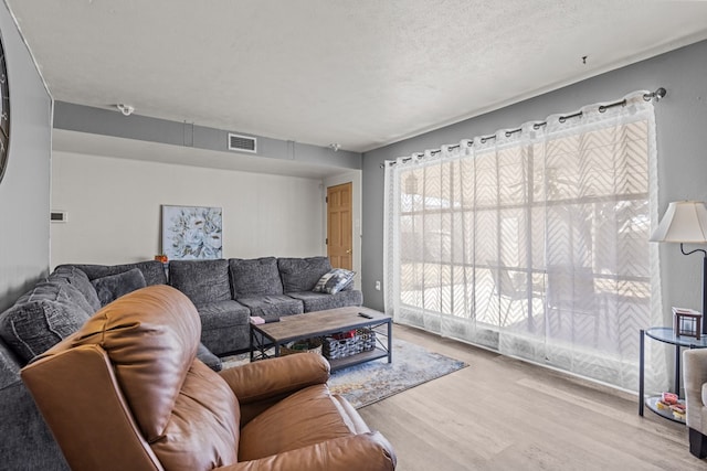 living room with a textured ceiling and light wood-type flooring