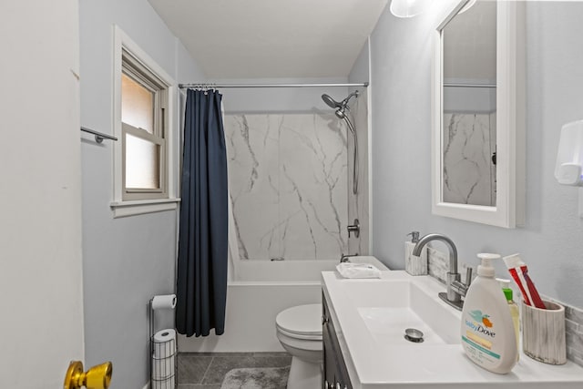 full bathroom featuring shower / bathtub combination with curtain, vanity, tile patterned floors, and toilet