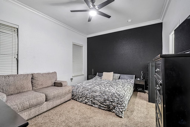 carpeted bedroom with a textured wall, a ceiling fan, and ornamental molding