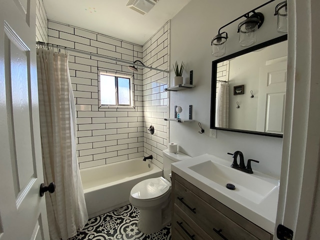 full bathroom featuring vanity, toilet, and shower / bathtub combination with curtain