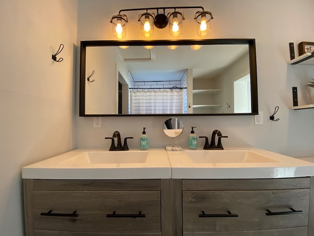 bathroom with a shower with curtain and vanity