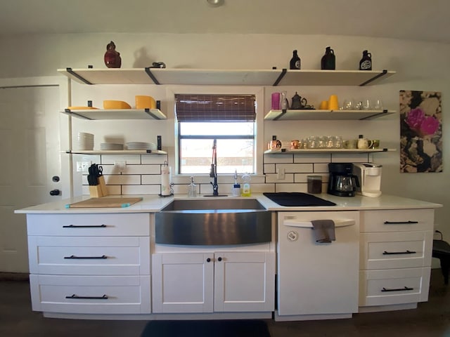 kitchen with tasteful backsplash, white cabinetry, and sink