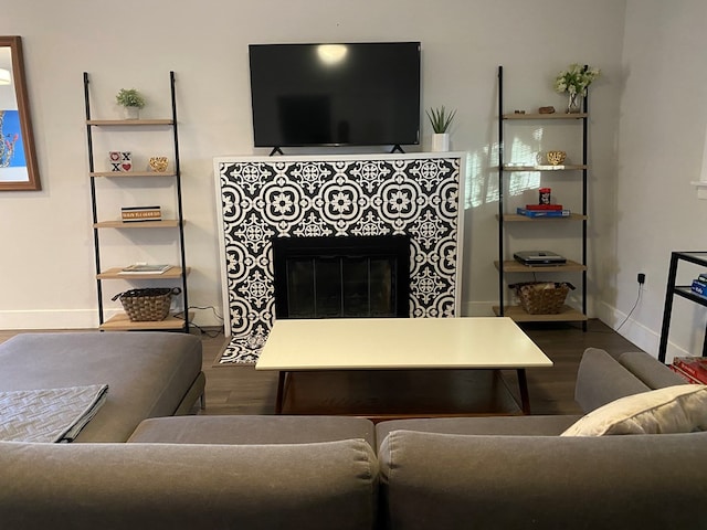 living room featuring hardwood / wood-style flooring and a fireplace