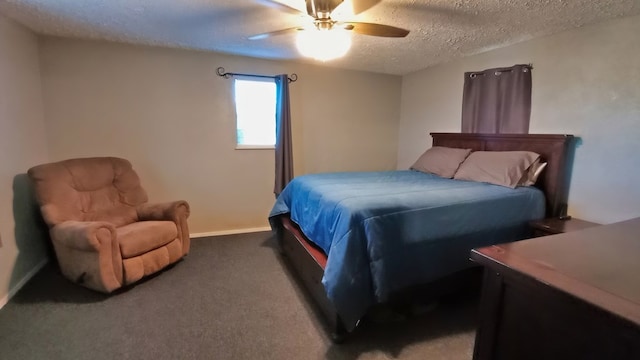 bedroom featuring ceiling fan, dark carpet, and a textured ceiling