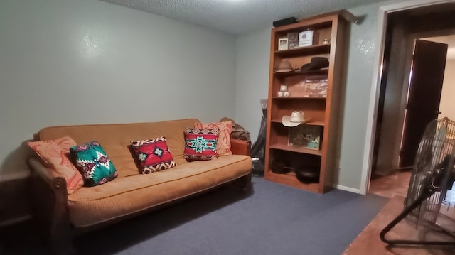 sitting room featuring a textured ceiling and carpet floors