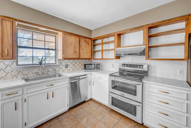 kitchen with sink, white cabinetry, tasteful backsplash, ventilation hood, and appliances with stainless steel finishes