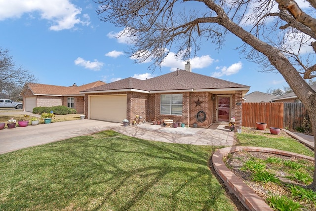 ranch-style house featuring fence, a chimney, concrete driveway, a garage, and brick siding