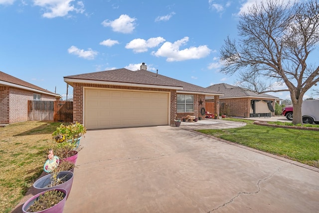 single story home with a front lawn, fence, concrete driveway, a garage, and brick siding