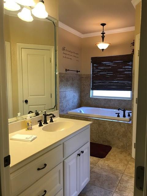 bathroom with vanity, tiled bath, tile patterned floors, and crown molding