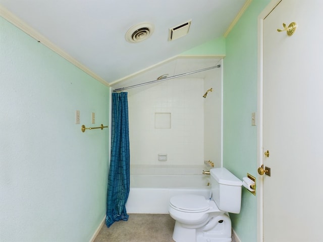 bathroom with lofted ceiling, toilet, shower / bath combo, and ornamental molding