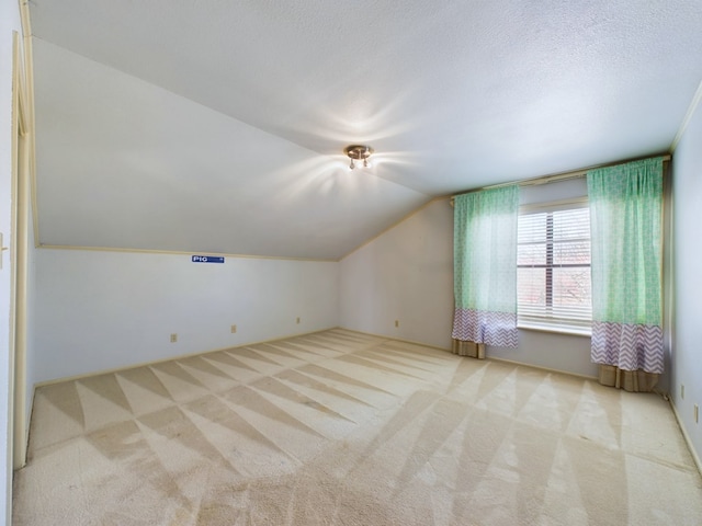 bonus room featuring light carpet, a textured ceiling, and lofted ceiling