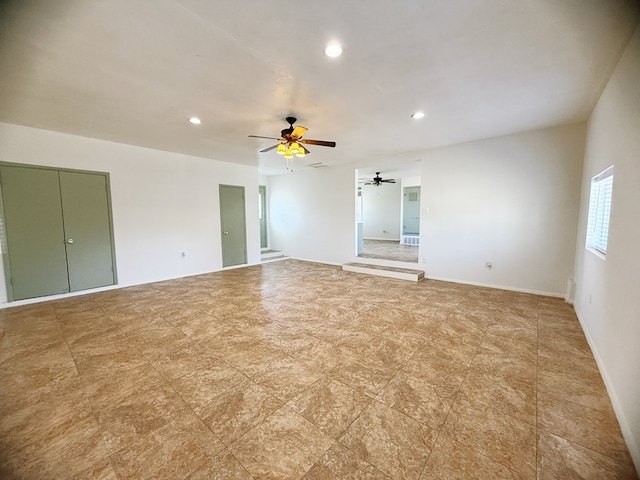 empty room with recessed lighting, baseboards, and ceiling fan