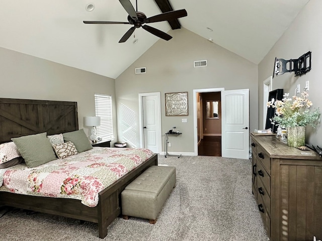 carpeted bedroom featuring ceiling fan, beam ceiling, and high vaulted ceiling