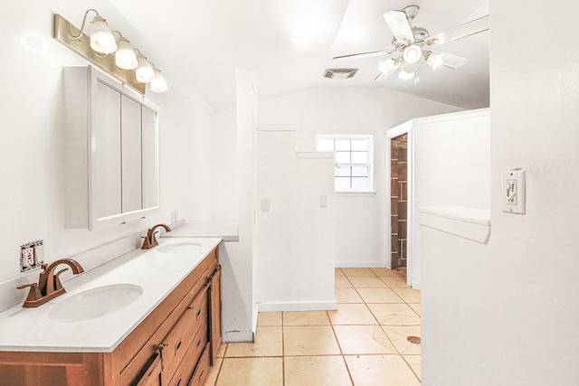 bathroom with vanity, tile patterned floors, ceiling fan, and lofted ceiling