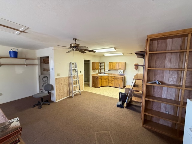 miscellaneous room with light carpet, a textured ceiling, and ceiling fan