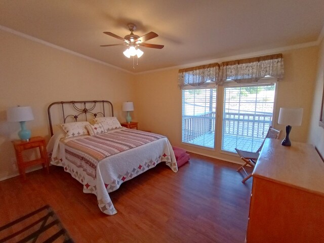 bedroom with ceiling fan, crown molding, and dark wood-type flooring