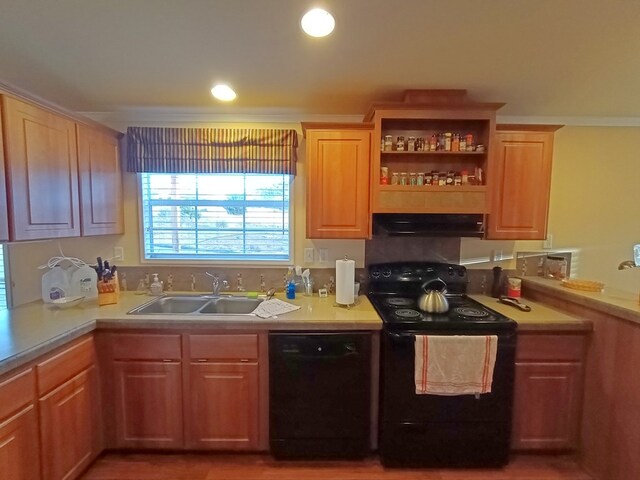 kitchen featuring sink, black appliances, and range hood