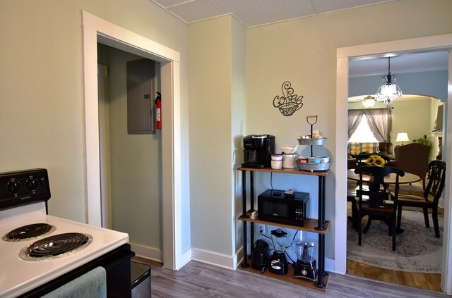 kitchen featuring ornamental molding, wood-type flooring, white electric stove, a chandelier, and electric panel