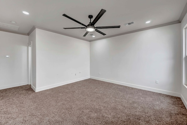 carpeted empty room featuring visible vents, ornamental molding, a ceiling fan, recessed lighting, and baseboards