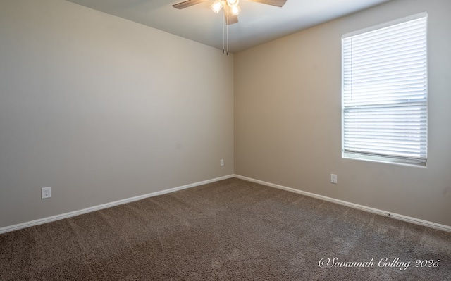 unfurnished room with carpet flooring and ceiling fan