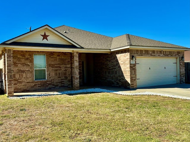 single story home with a front lawn and a garage