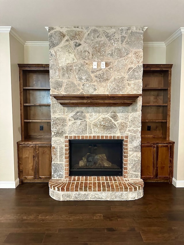 interior details featuring a fireplace, wood finished floors, and ornamental molding